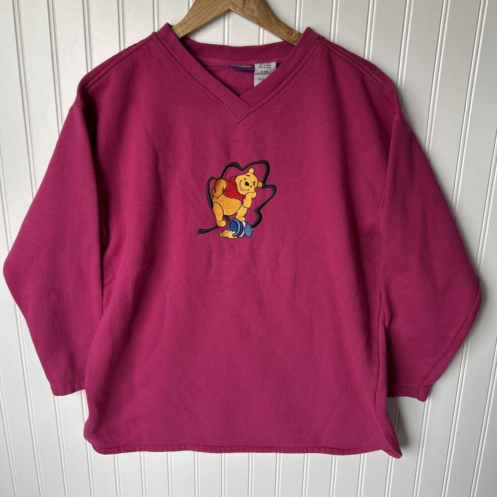 Vintage 90s Disney Store Winnie the Pooh Embroidered Pink V-Neck Sweatshirt L